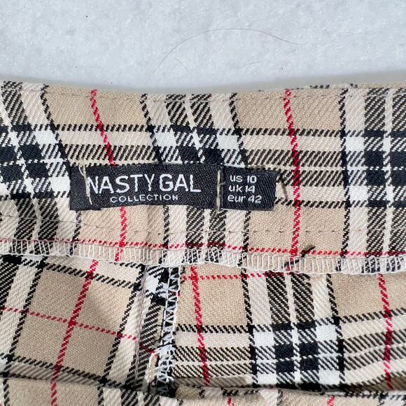 Nasty Gal Collection Pants Woman's 10 Tan Black Red Check Cuffed Legs - Picture 2 of 11